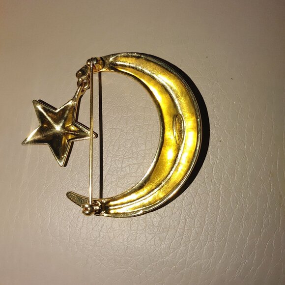 Vittorio Gold Tone Brooch Pin Vintage Crescent Moon Dangling Star Celestial - Picture 7 of 9